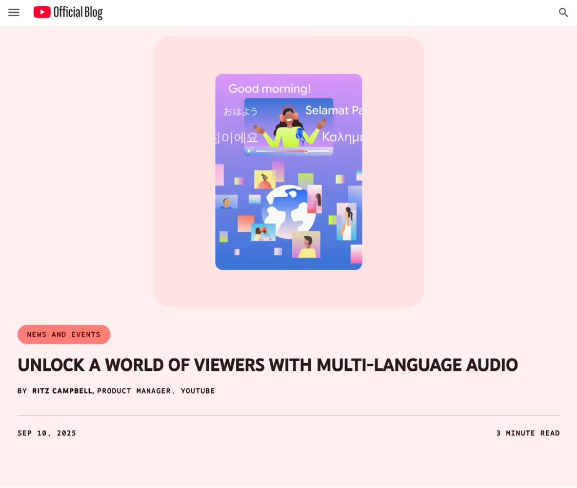 0ac4dd3bj00t2ghys0070d000v900qep 跨越语种障碍,YouTube 全面上线视频多语言配音功能