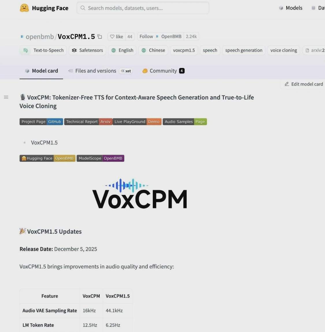 f5327492j00t73igs00a7d000v900vwp 面壁智能 VoxCPM 1.5 语音生成 AI 模型开源:高采样音频克隆,生成效率翻倍